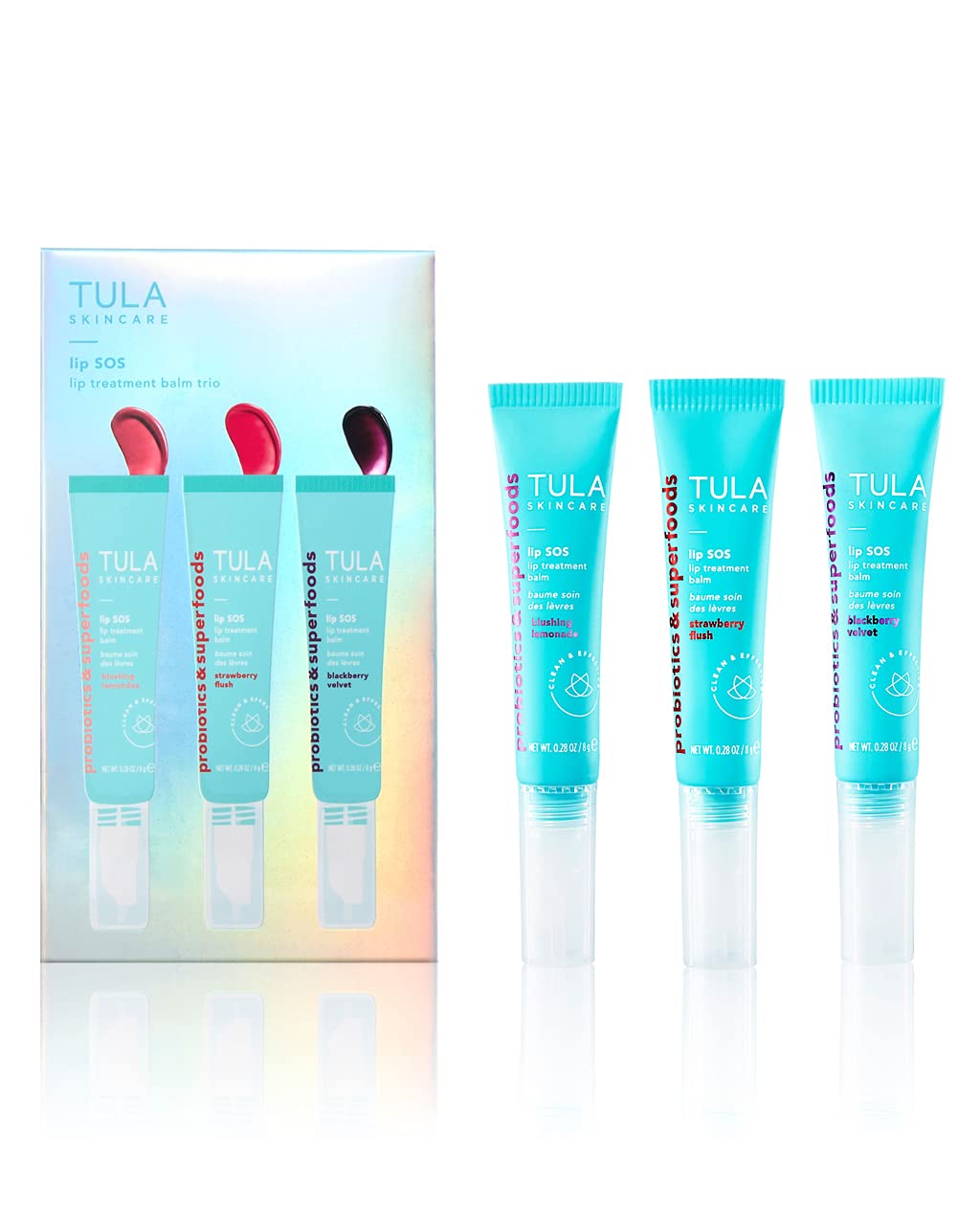 TULA Skin Care Lip SOS - Lip Treatment Balm that Plumps, Smooths & Hydrates lips with a Glossy Tint, Nude Pink, Rose Pink, Sunset Berry, 3 count - 0.28 oz.