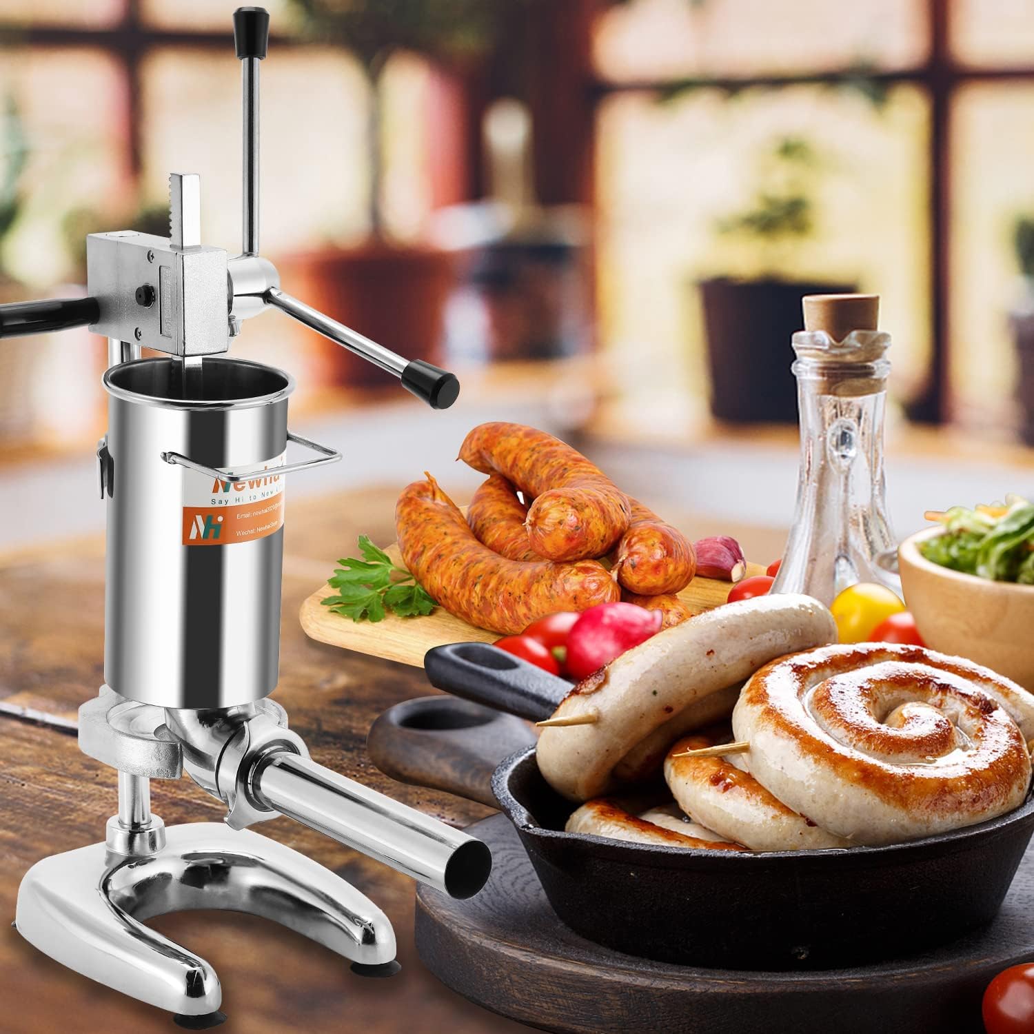 Newhai Manual Sausage Stuffer Stainless Steel Vertical Sausage Maker with 4 Sausage Tubes Meat Filler Home and Commercial Use (2L)