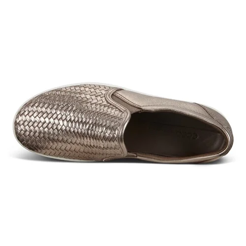 Ecco Women's Stone Metallic Leather Soft 7 Woven Slip-On Sneakers