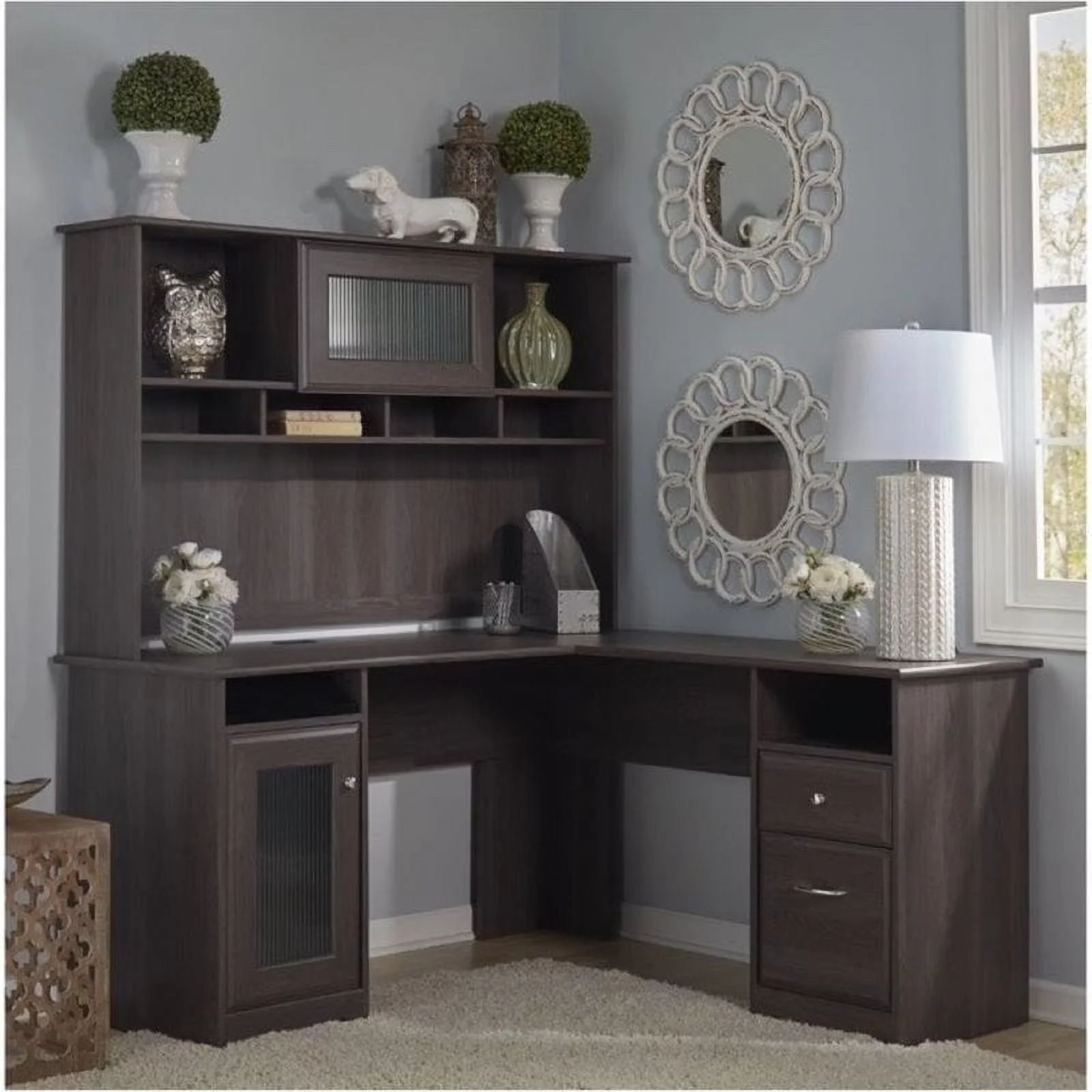 Bowery Hill Home Office L-Shape Computer Desk with Hutch in Gray