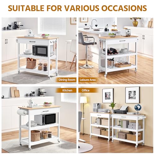 Yaheetech Kitchen Island Cart on Wheels with Bamboo Tabletop, 3-Tier Rolling Kitchen Island Microwave Cart with Drawer, Detachable Towel, 3 Hooks, 17