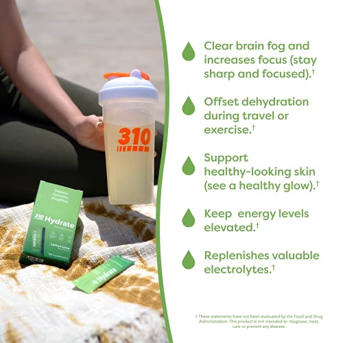 310 Hydrate Lemon Lime Electrolytes Powder Packets - No Sugar Hydration Packets with Key Vitamins & Minerals - Keto Friendly - Tasty Sugar Free Electrolyte Drink - 30 Single Servings