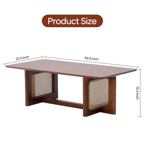 Rattan Coffee Table, 42.5 Inch Rectangular Solid Wood Table with PE Rattan Stand for Living Room