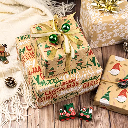 RUSPEPA Christmas Kraft Wrapping Paper - Owl, Reindeer, Christmas Ball and Text Design - 4 Rolls - 30 inches x 10 feet per Roll
