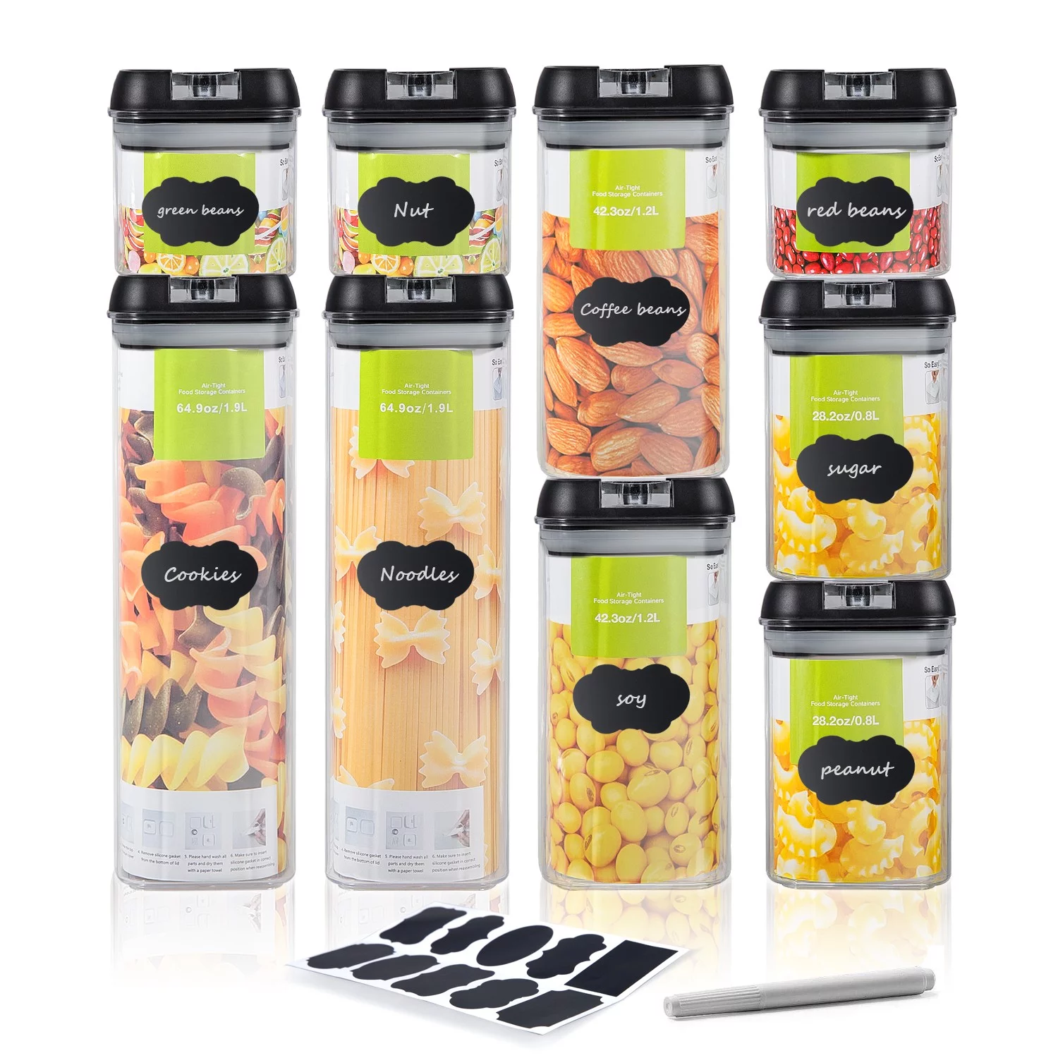 Loyalheartdy 9Pcs Airtight Food Container Set Clear Plastic Organizer Seal Jar for Storage Cereals Nuts Spaghetti w/Black Lid