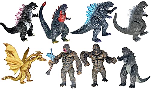 TwCare Exclusive Set of 7 Godzilla vs Kong Toys Movable Joint Action Figures, King of The Monster Dinosaur Shin Ghidorah Skull Crawler Destoroyah Mecha Mechagodzilla Cake Toppers Pack