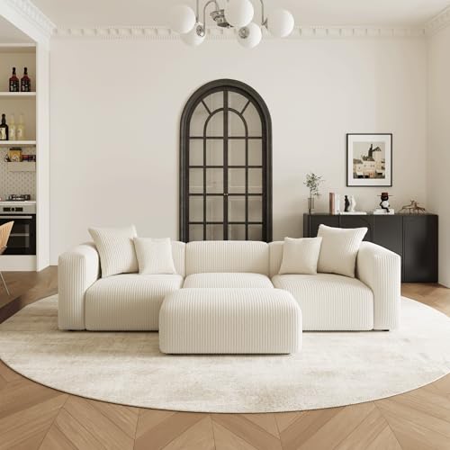 Acanva Corduroy Convertible Modular L Shaped Sectional Sofa, 4 Seater Free Combination Corner Couch, Convertible to DayBed, Wide Loveseat with Moveable Ottomans for Small Spaces, Sleeper Bed, Yellow