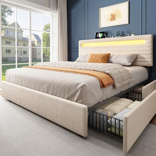 Chenille Upholstered Queen Bed Frame with 4 Storage Drawers, Platform Bed Frame with Headboard, Charging Station and LED Lights, Easy Assembly，No Box Spring Needed, Beige