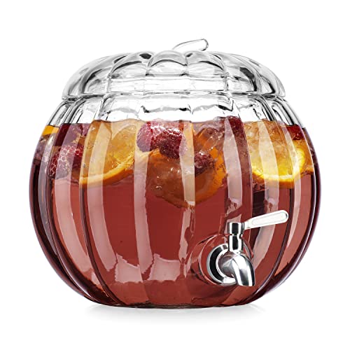 Home To Table 2.11 Gallon Clear Glass Pumpkin Ice Cold Jug Beverage Dispenser With Stainless Steel Easy Flow Spigot/Trick Or Treat Bowl Great For Outdoors, Parties, Bars & Daily Use
