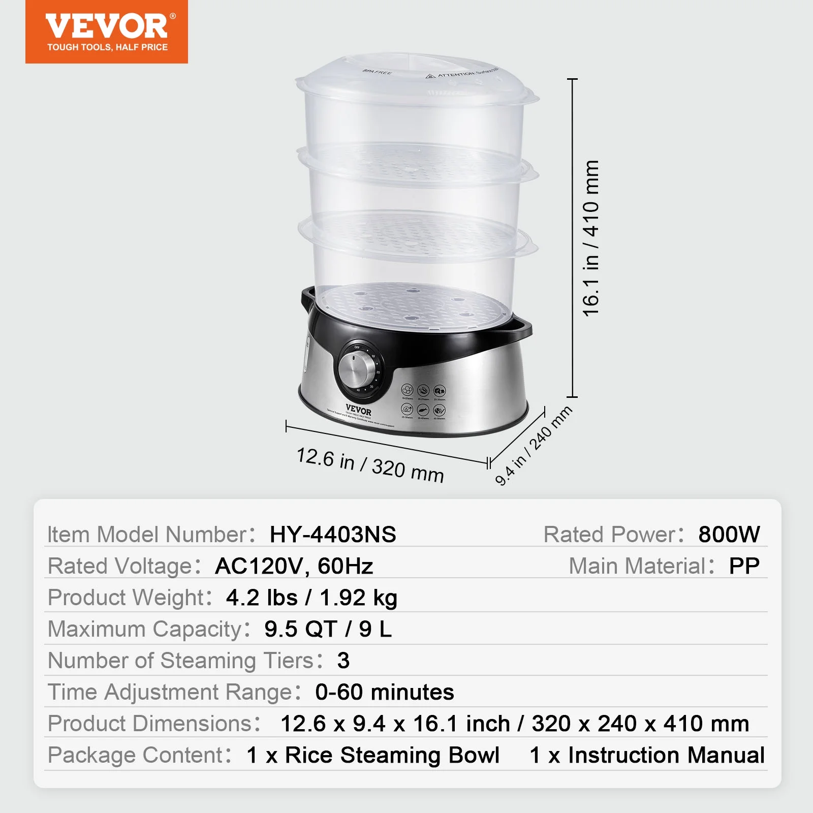 BENTISM 9.5Qt Electric Food Streamer 3-Tier Vegetable Steamer & 60 Min Timer 800W