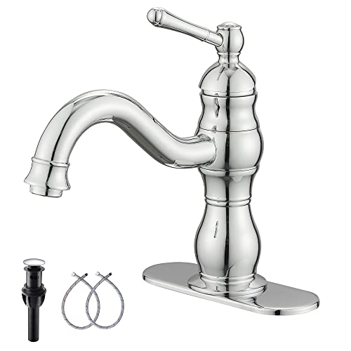 GGStudy 360° Swivel Antique Brass Bathroom Vessel Sink Faucet Single Handle One Hole Matching with Pop Up Drain