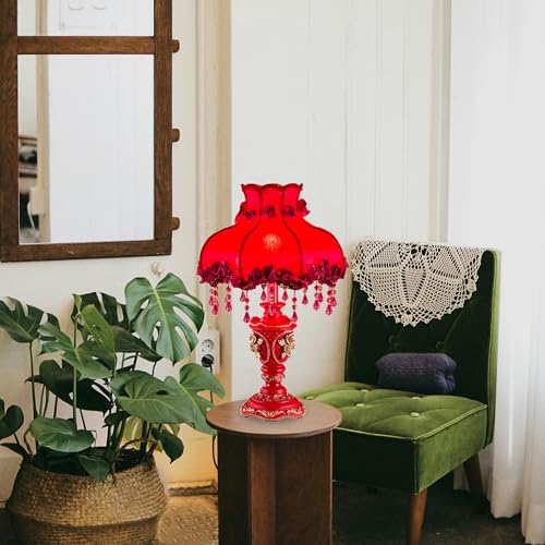 Lovely Table Lamp with Fabric Lampshade, Antique Flower Decorative Bedside Desk Lamp, Handmade Night Light for Bedroom Nightstand