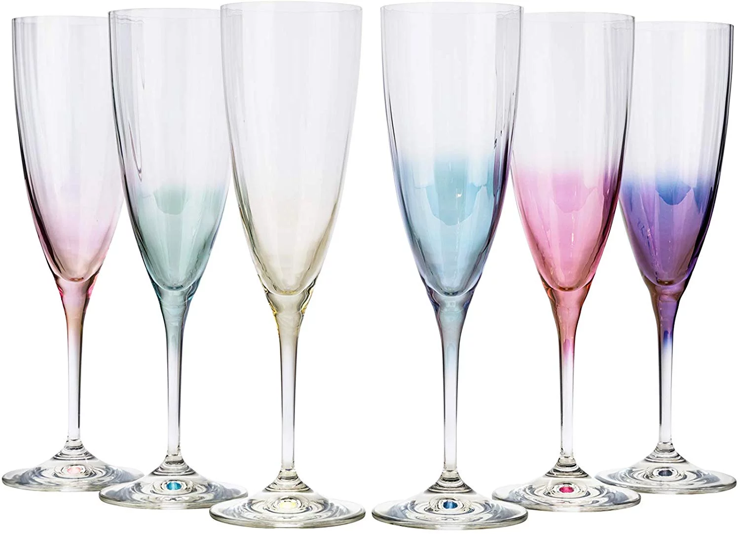 Crystalex 40796/220/D4882, 7 Oz Kate Optic Multi-Colored Flutes, Bohemian Champagne Glasses, Set of 6