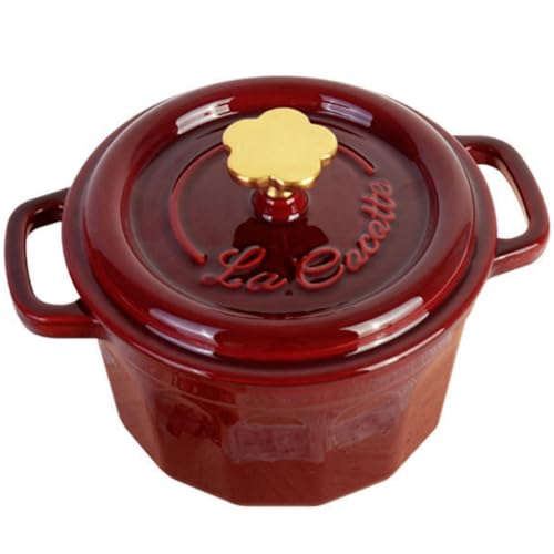 2QT Cast Iron Dutch Oven, Enamel Coated Cookware Pot with Star Knob for Home Baking, Braiser, Cooking, Red (1 Quart)