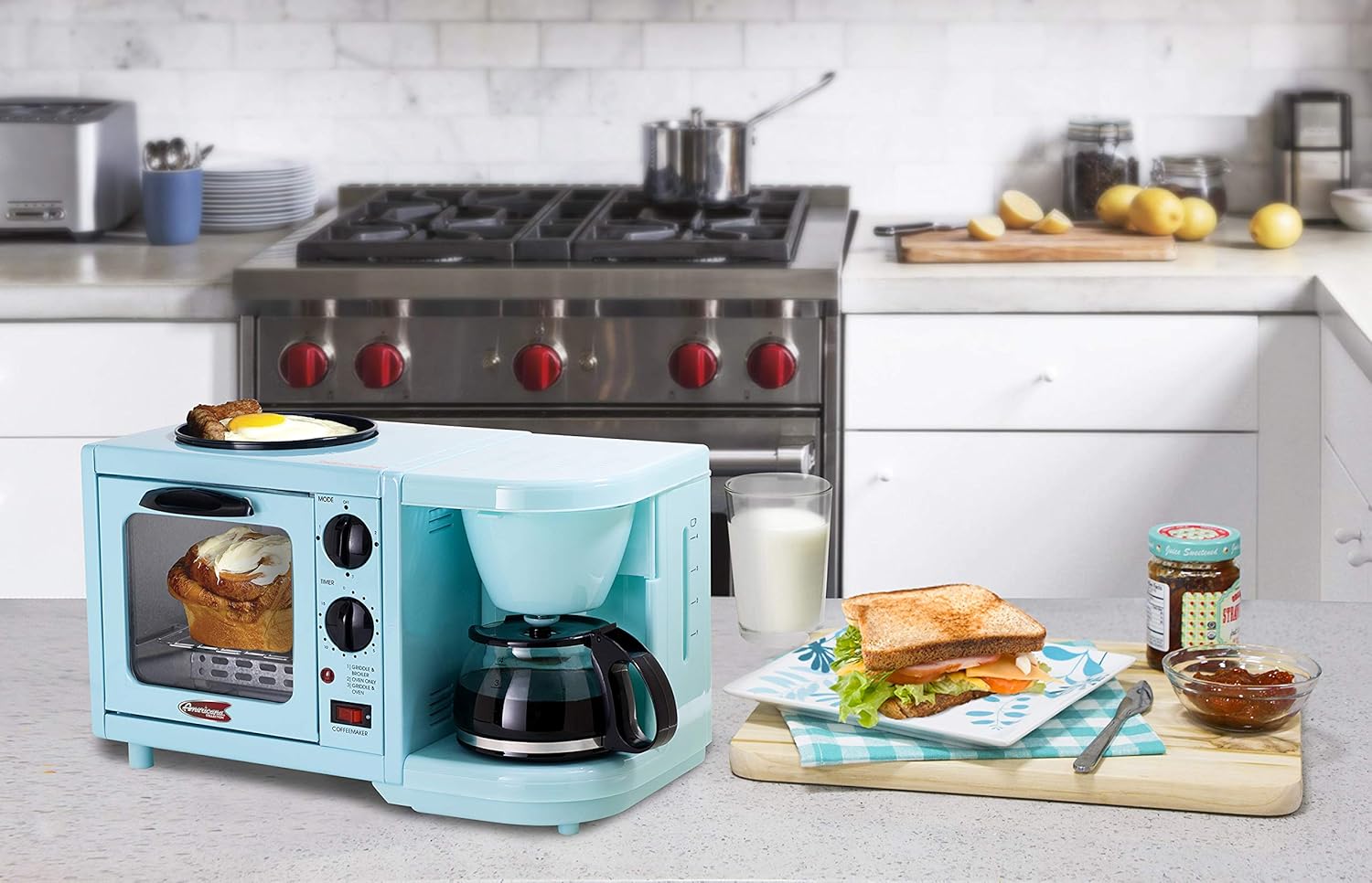 Americana EBK-200BL Retro Nostalgia 3-in-1 Breakfast Maker Station, 4 Cup Coffeemaker, Toaster Oven with Timer, Griddle, Aqua