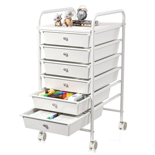 6-Drawer Rolling Storage Cart, Plastic Drawer Storage Organizer Rolling Cart, Multipurpos Utility Cart for Classroom Art Craft Supplies Dresser Closet Bathroom Bedroom Kitchen Office School