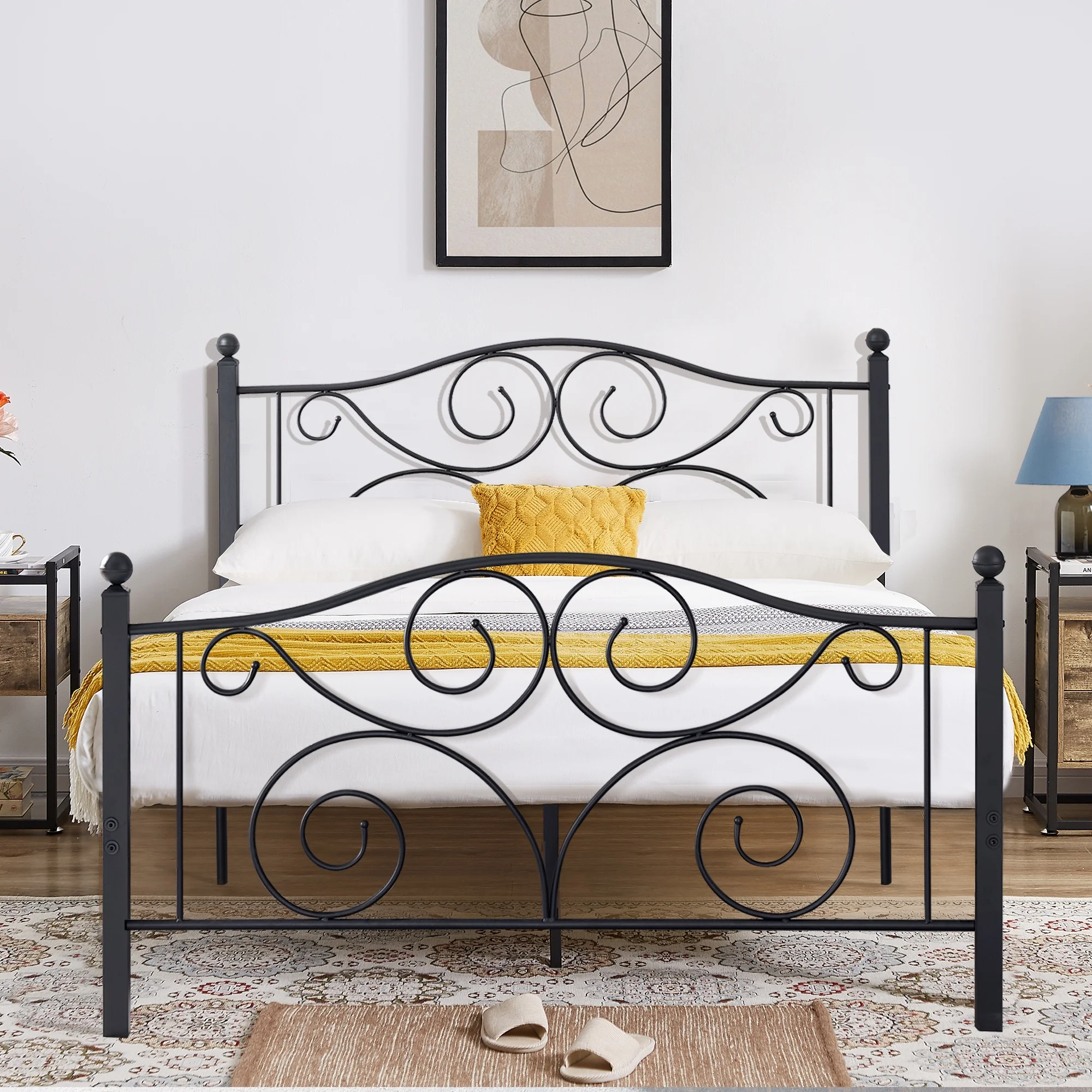 VECELO Metal Platform Bed Frame with Victorian Headboard and Footboard, Full Size, Black
