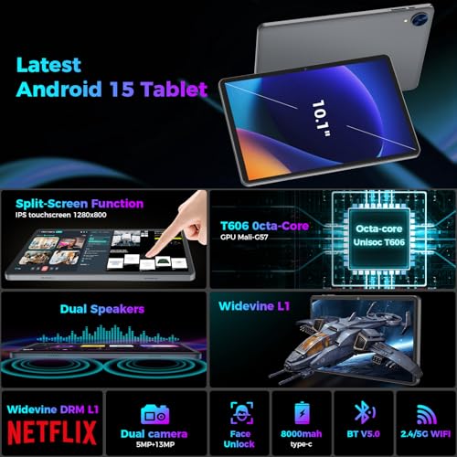 Android 15 Tablet with Keyboard, 26GB RAM, 256GB ROM(2TB Expand), 10.1 inch Octa-Core Tablets, 5G/2.4G WiFi, 8000mAh Battery, BT 5.0, GMS Certified, with Mouse, Case, Stylus, Split screen(Green)