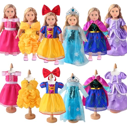 6 Sets Princess Dresses for 18 Inch Dolls, 18 Inch Doll Clothes Accessories Elegant Ball Gown Outfits with 1 Crow & 1 Bow Hairband | Fits Most 18” Fashion Dolls