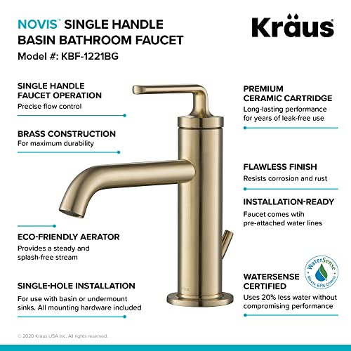 KRAUS Ramus Single Handle Vessel Sink Bathroom Faucet with Pop-Up Drain in Brushed Gold, KVF-1220BG