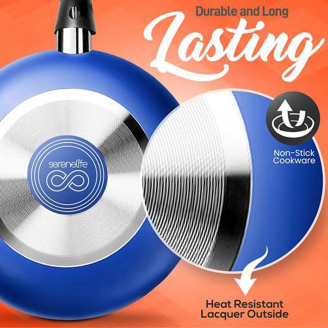 SereneLife 15 Piece Pots and Pans Non Stick Kitchenware Cookware Set, Blue