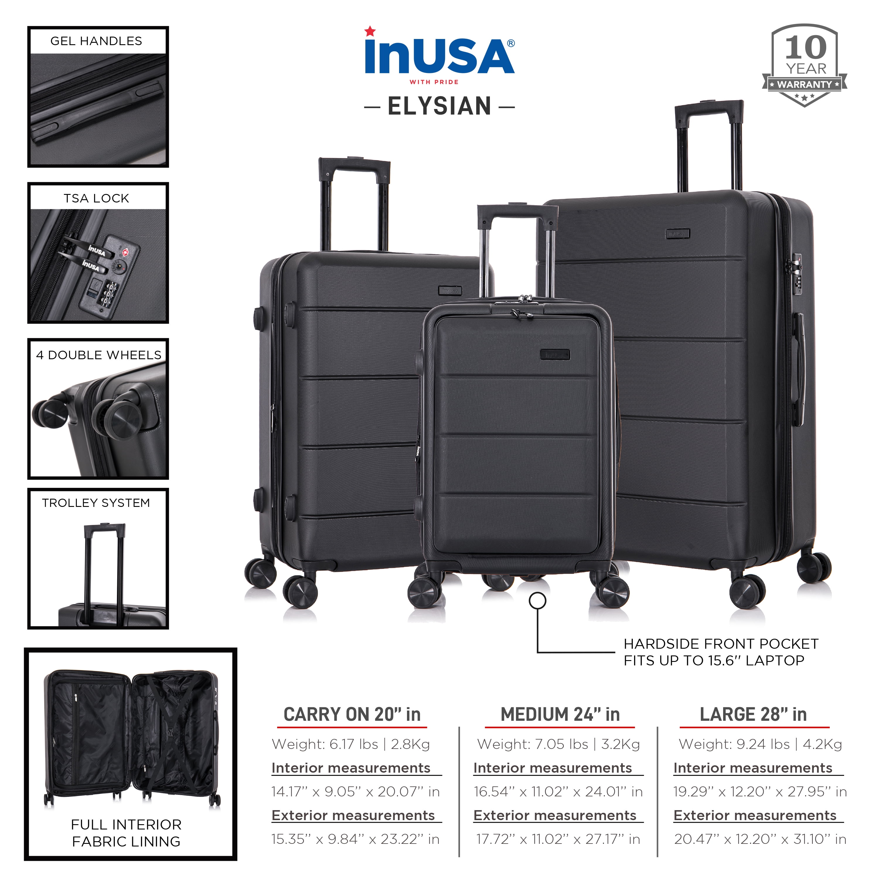 InUSA Elysian 3-Piece Hardside Luggage Sets with Spinner Wheels, Handle, Trolley, (20