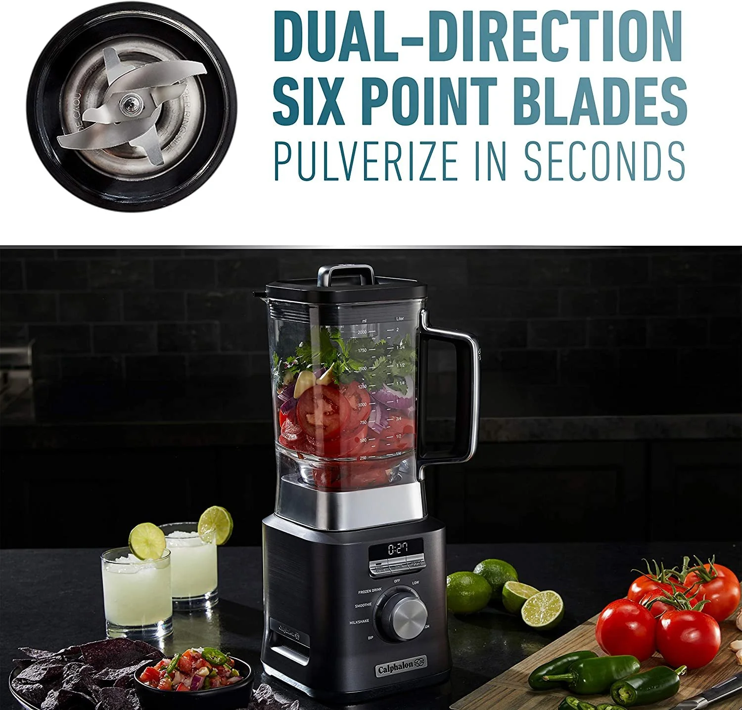 Calphalon Auto-Speed 2-Liter Blender with Blend-N-Go Smoothie Cup, Dark Stainless Steel