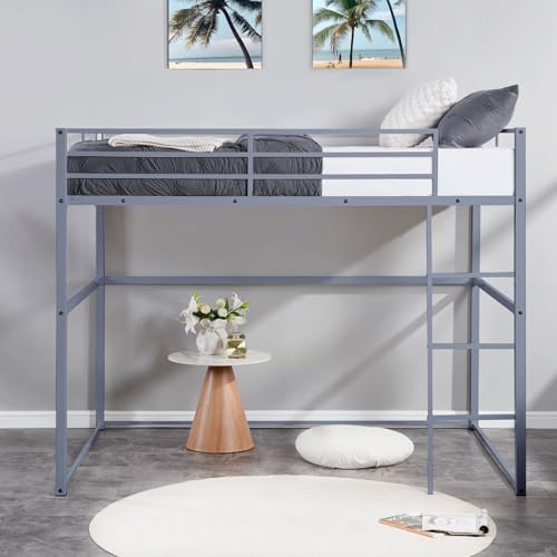 Heavy Duty Metal Loft Bed Frame Twin Size with Safety Guard Rails & Built-in Ladder - Sturdy Space Saving Loft Bed for Kids, Teens, Adults, College Dorm, Studio Apartment (Black, Twin)