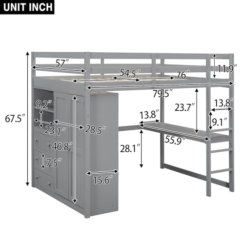 Harper & Bright Designs Full Size Loft Bed with Built-in Wardrobe, Desk, Storage Shelves and Drawers, Solid Wood Loft Bed Frame, White