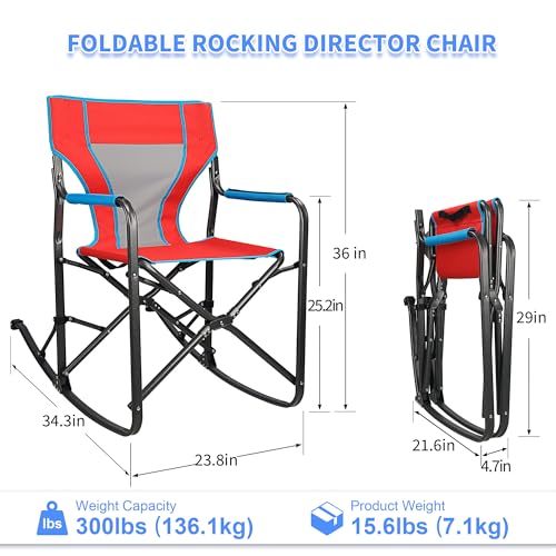 Oversized Rocking Camping Chair, Portable Folding Director Chair, Rocker Camp Chair for Outdoor Backyard Patio Lawn Garden