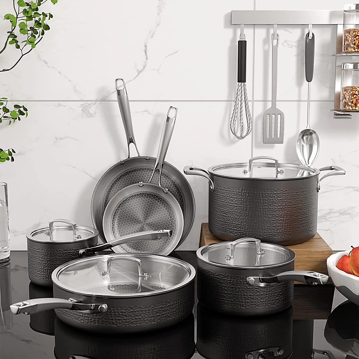 Homaz life Pots and Pans Set  Tri-Ply Stainless Steel Hammered Kitchen Cookware  Induction Compatible  Dishwasher and Oven Safe  Non-Toxic  Professional Grade Cooking Sets  7-Piece  Silve