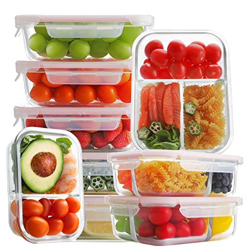 Bayco 9 Pack Glass Meal Prep Containers 3 & 2 & 1 Compartment, Glass Food Storage Containers with Lids, Airtight Glass Lunch Bento Boxes, BPA-Free & Leak Proof (9 lids & 9 Containers) - Grey