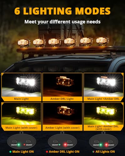 Auxbeam V-MAX Series 72W LED Pod Driving Lights, 4x2.5 Inch Rectangle Side Shooter Offroad Cube Spotlights with Amber DRL, 270° Combo Beam 6 Modes White/Amber/Yellow Auxiliary Lights with Covers
