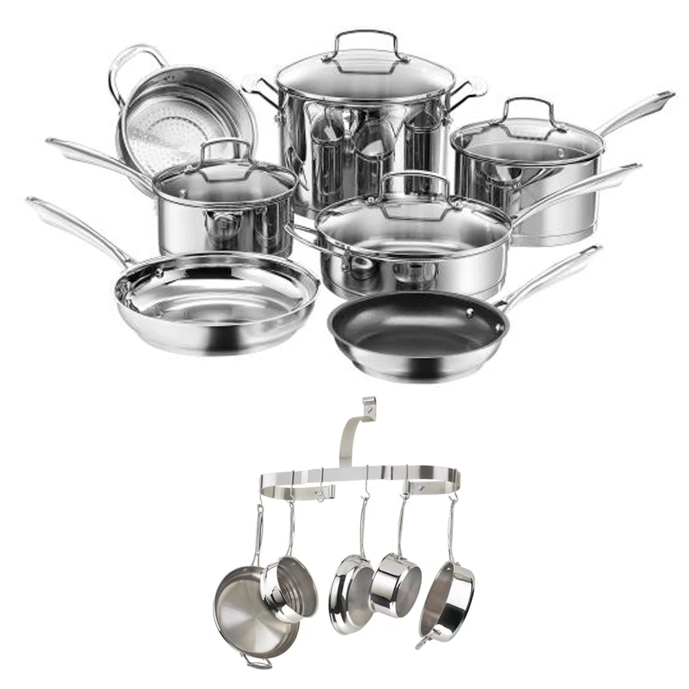 Cuisinart 89-11 Professional Series Stainless Steel Cookware 11 Piece Set Bundle with Cuisinart Wall Mounted Oval Cookware Rack Stainless Steel