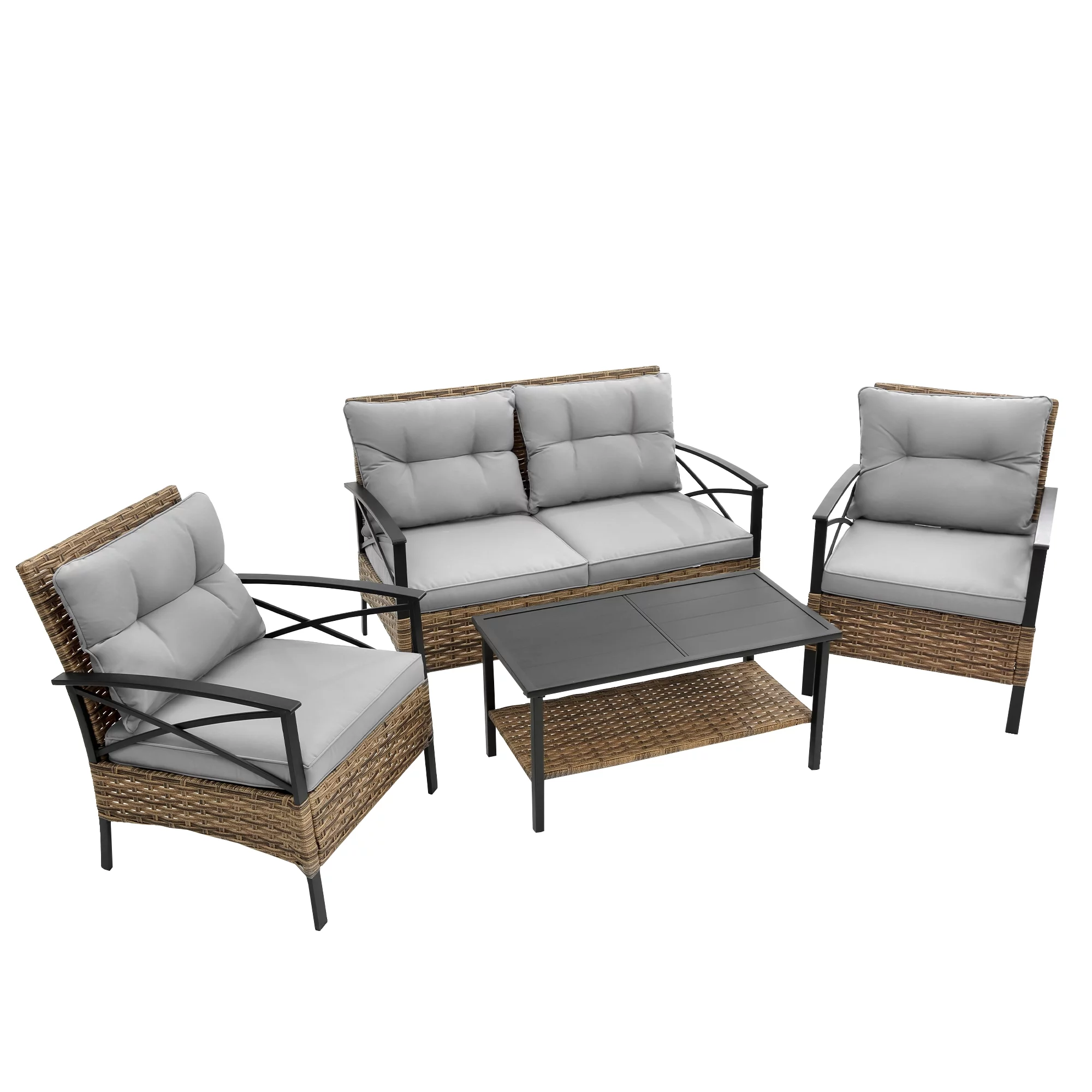HOMEFUN Patio 4 Piece Dining Conversation Grey Sofa Set(1 Table And 3 Chairs),  Wicker Outdoor Garden Furniture Sofa Set with Grey Cushions