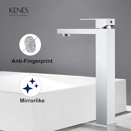 KENES Brushed Nickel Vessel Sink Facuet Single Handle Tall Bathroom Sink Faucet Vanity Bathroom Faucet Basin Mixer Tap with Water Supply Hose and Pop Up Sink Drain, LJ-9031A