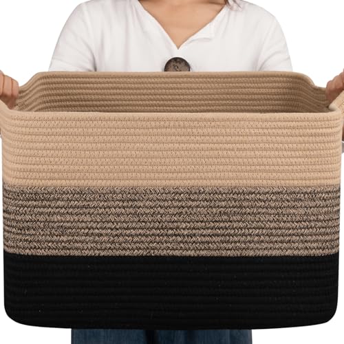 OIAHOMY Large Blanket Basket, 22”x17”x12” Rectangle Woven Baskets, Nursery Blanket Storage Living Room, Toy Storage With Handle, Large Baskets for Organizing-Gradient Blue