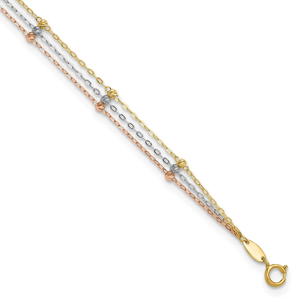 Primal Gold 14 Karat Tri-color 3-Strand Diamond-cut Beaded 9-inch Plus 1-inch Extension Anklet