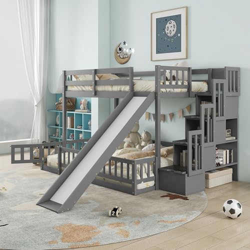 Twin Over Full Bunk Beds with Slide and Stairs, Low Bunk Bed Frame with Rails, Convertible Wood Bunk Bed with Storage Staircase for Kids Boys Girls, Gray
