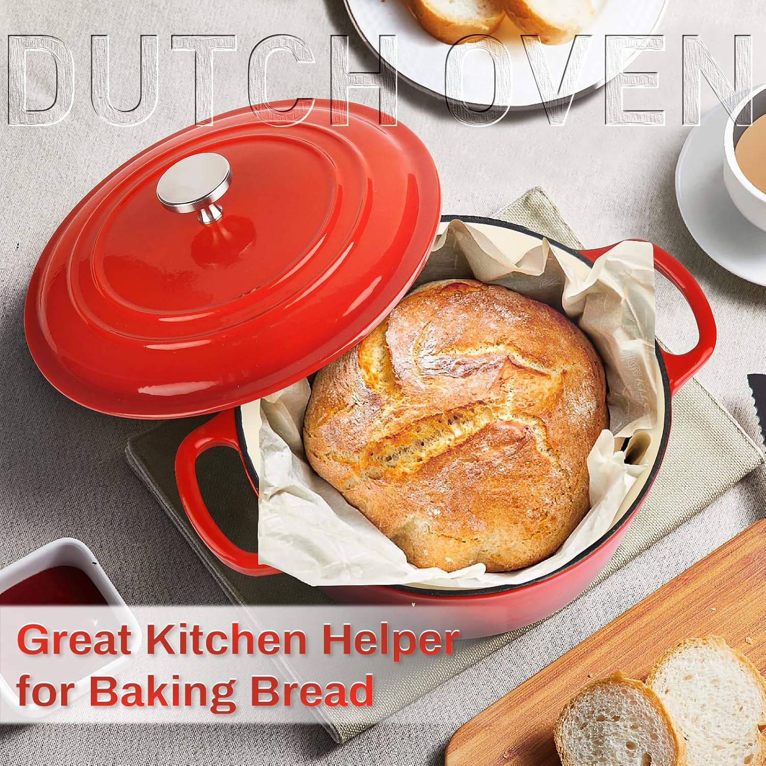 4.5 Quart Enamel Cast Iron Dutch Oven with Loop Handles, Covered Dutch Oven, Enamel Stockpot with Lid, Red