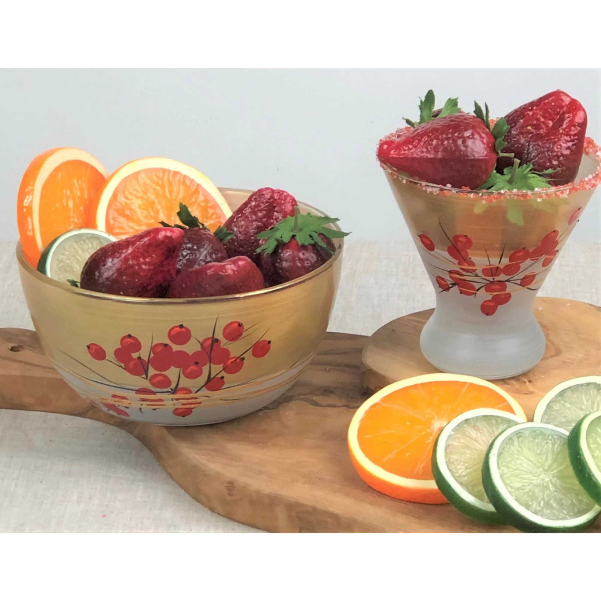 Crafted Creations Set of 2 Gold Berries and Branches Hand Painted Cosmopolitan Wine Glasses 8.25 oz.