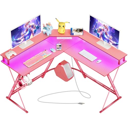 SEVEN WARRIOR Gaming Desk 50.4” with LED Light & Power Outlets, L-Shaped Gaming Desk Carbon Fiber Surface with Monitor Stand, Ergonomic Gamer Table with Headphone Hook, Pink