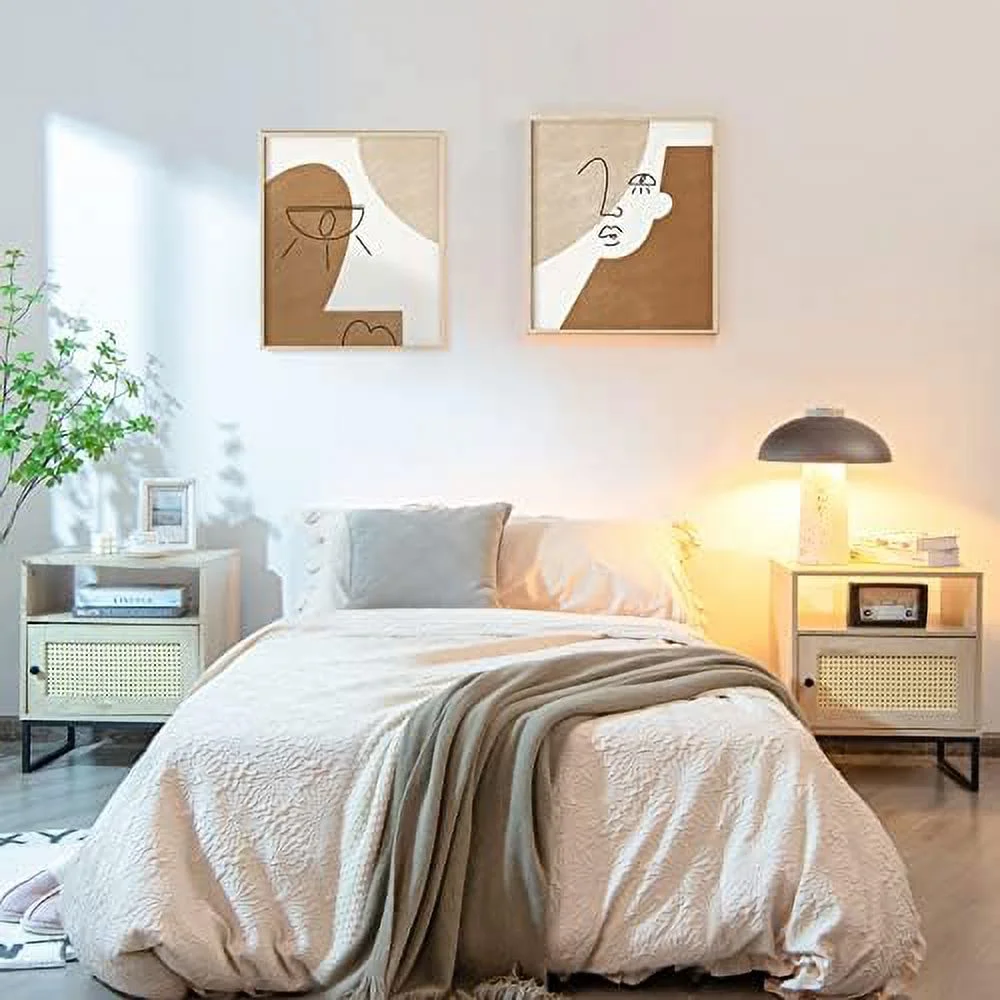 Rattan End Table  Indoor Sofa Side Table with Shelf & Rattan Door Cabinet  Steel Base  Wood Finish  Natural Style Nightstand Bedside Table for Bedroom Living Room  19 x 16 x 22 Inches