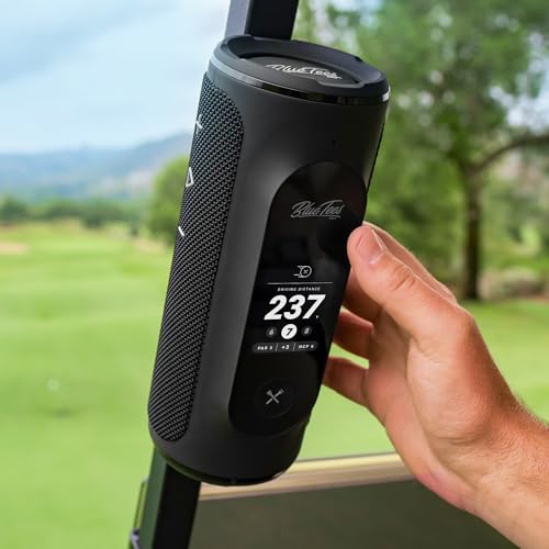 Blue Tees Golf Player+ GPS Speaker with Touch Screen Display, 10+ Hours Battery, 40,000+ Courses, Visual + Audible Distance, Hazard Distance - IPX7 Waterproof (Navy)
