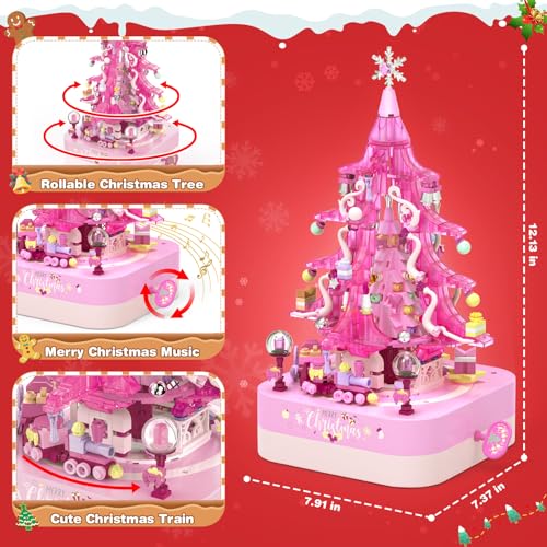 SpringFlower 594 PCS Christmas Tree Building Block Set, Rotating Music Box Christmas Building Block Tree for Boys Girls Adults, Xmas Gifts Decorations for Kids Adults Teens,Green