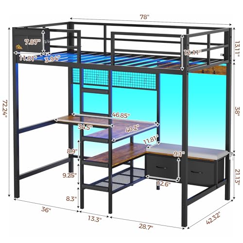 DICTAC Twin Loft Bed with L-Shaped Desk,Storage Shelves and Charging Station Metal Loft Bed Twin Size with LED Lights,Coat Rack with Drawers and Stair,Top Bunk with Safety Guardrail for Teen,Black