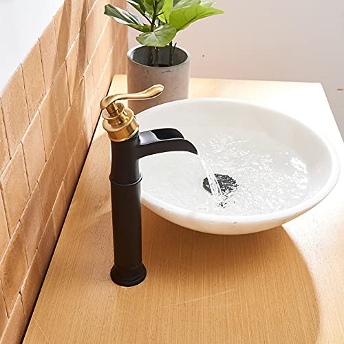 BWE Vessel Sink Faucet Waterfall Matte Black with Pop Up Drain Without Overflow and Supply Lines, Black Sink Faucet Bathroom One Handle Faucets Vanity Bath Mixer Tap