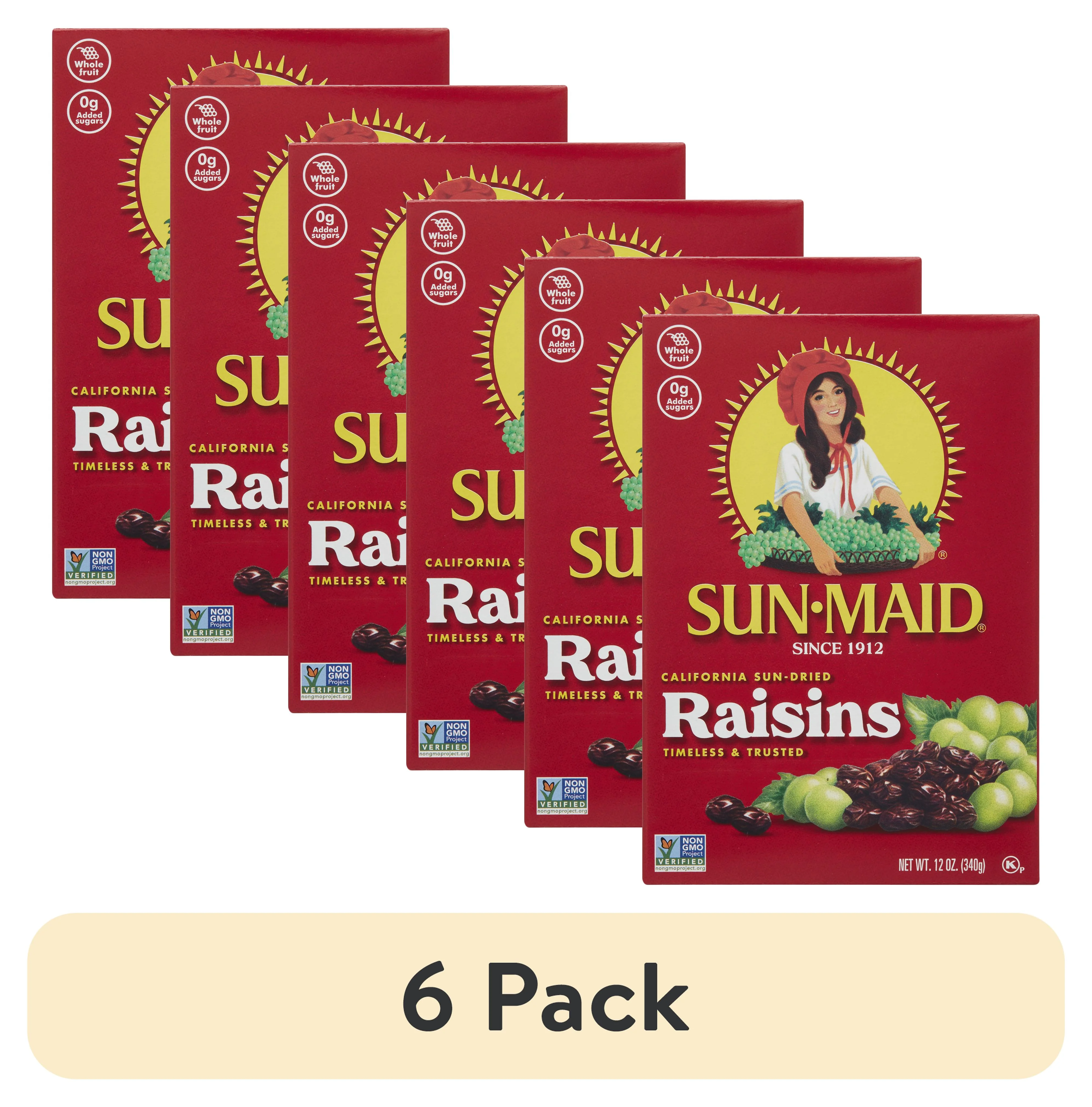 (6 pack) Sun-Maid California Sun-Dried Raisins, Dried Fruit Snack, 12 oz Box