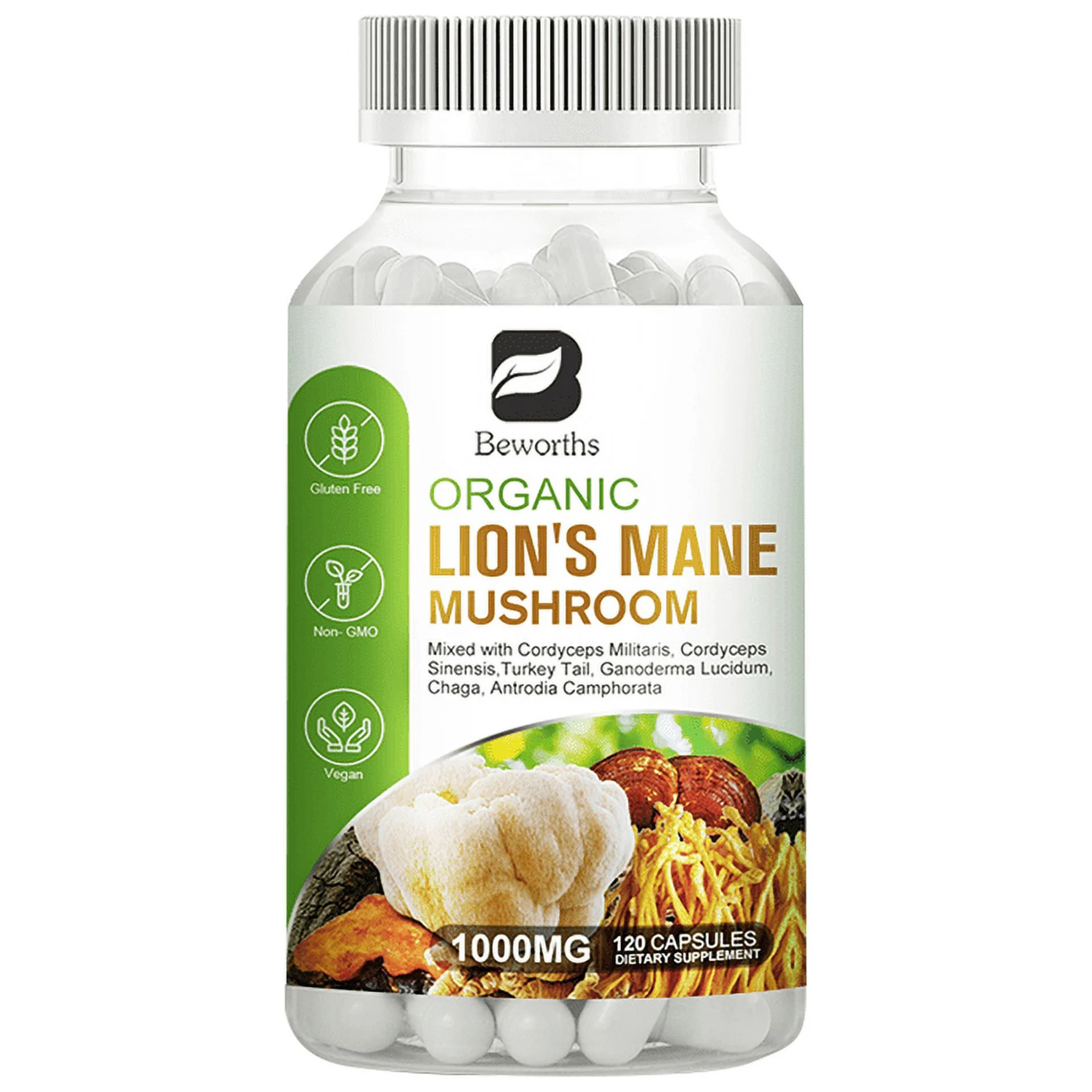 Organic Lions Mane Mushroom Nootropic Brain Memory Focus Immune Support 1000Mg 120 Capsules