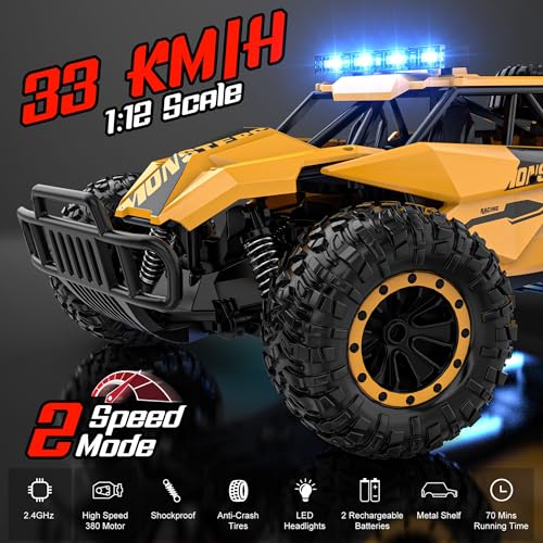 BLUEJAY Remote Control Car, 2.4GHz High Speed 33KM/H RC Cars Toys, 1:12 Monster RC Truck Off Road with LED Headlight and Rechargeable Battery Gifts for Adults Boys 8-12